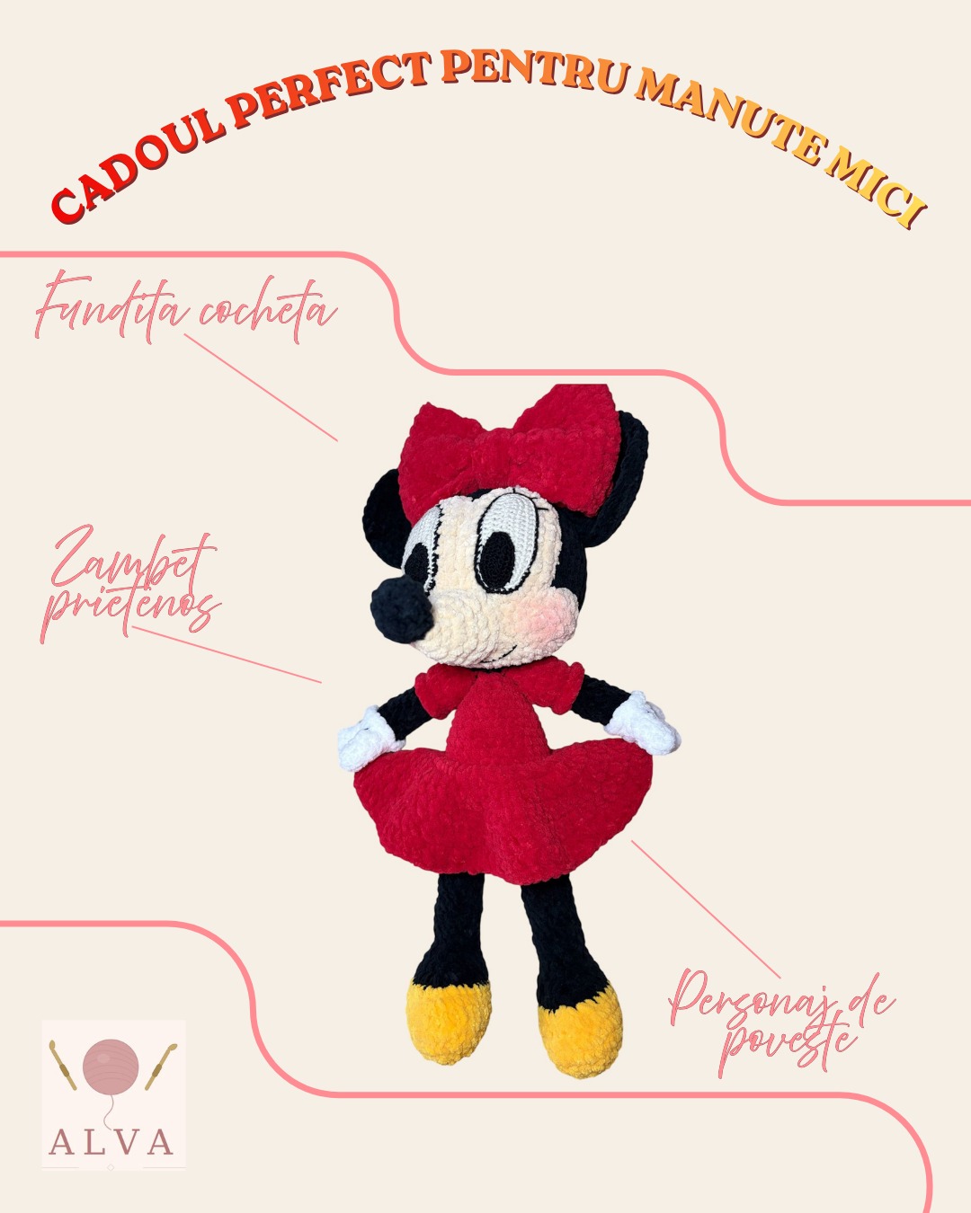 Păpușă croșetată Minnie Mouse cu rochiță roșie — ALVA